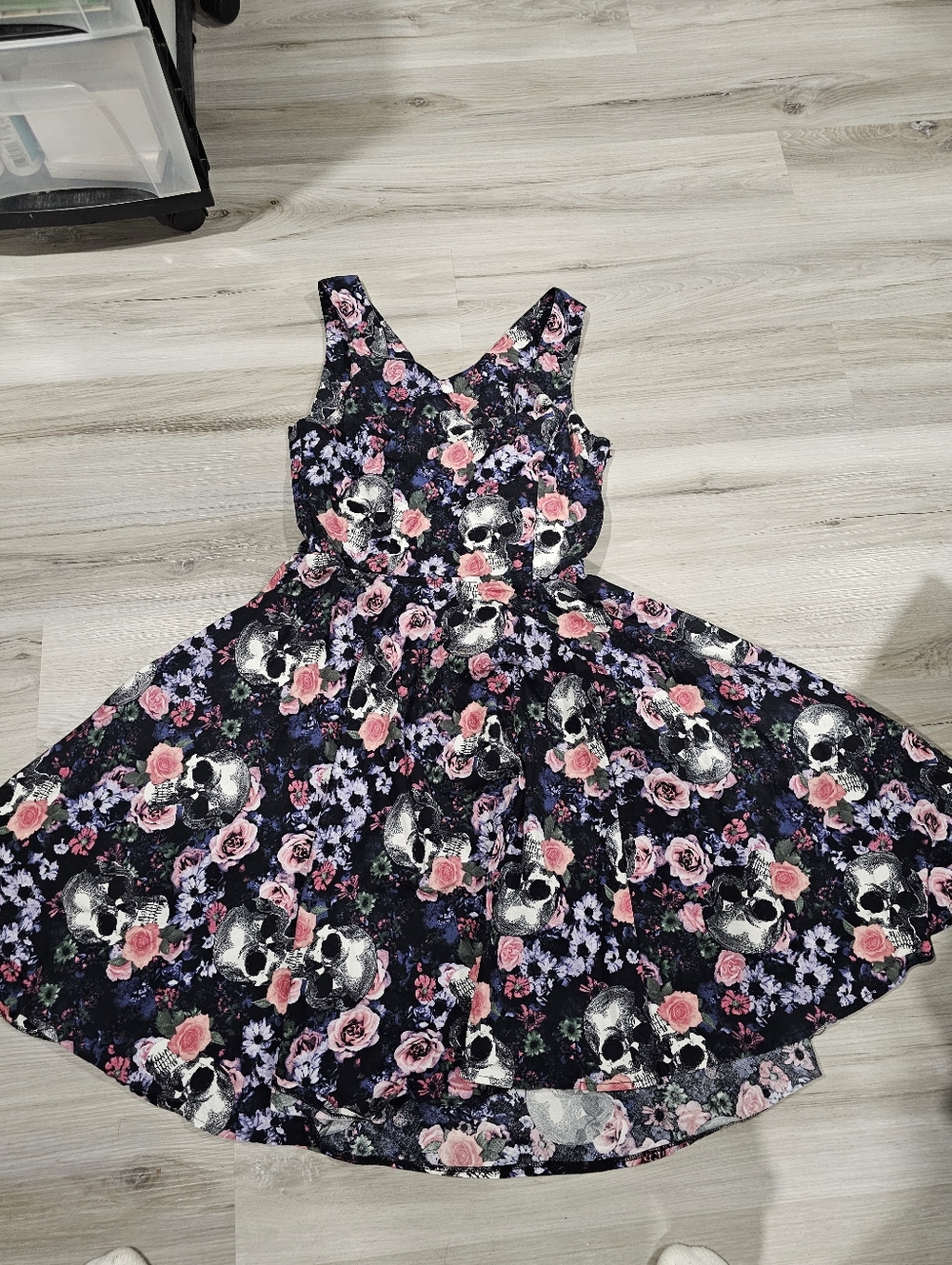 Floral Skull Fit-and-Flare Dress in Black and Pink WITH POCKETS! - Picture 3 of 9